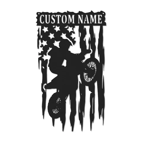 Arte de motocross personalizado | Cartel LED de moto de cross con bandera americana | Decoración mural con nombre personalizado para dormitorio de chico adolescente o regalo para garaje