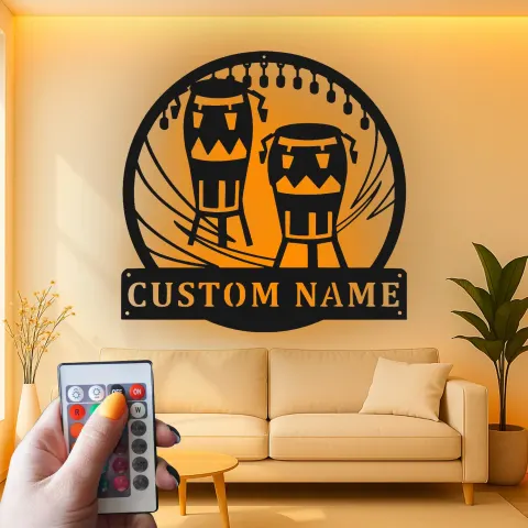 Vue alternative de Décoration murale en métal personnalisée Bongo Drums avec rétroéclairage LED - Cadeau personnalisé pour musicien, décoration de salle de musique