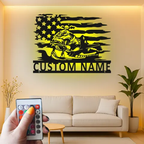 Personalized Snowmobile LED Sign | American Flag Metal Wall Art | Custom Name Gift for Rider | Garage & Man Cave Decor alternate view