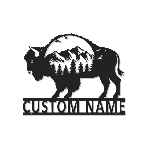 Personalisierte Bison-Bergszene LED-beleuchtetes Metallschild Geschenk für Naturliebhaber Rustikale Wohnzimmer-Dekoration