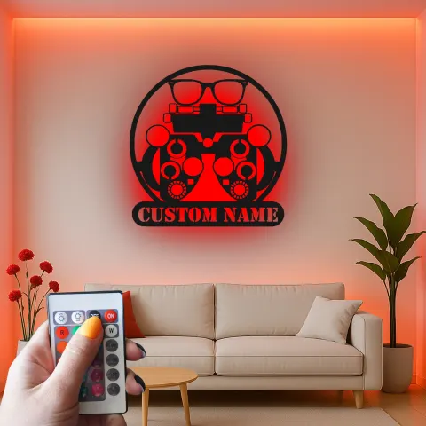 Vue alternative de Panneau LED Phoroptère Personnalisé | Décoration murale Optométriste Personnalisée | Décor de clinique oculaire en métal | Cadeau pour médecin