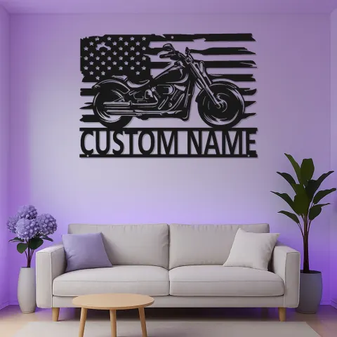 Vue alternative de Panneau en métal personnalisé Moto Cruiser | Art mural LED Drapeau Américain | Cadeau personnalisé pour motard | Décor de cave à homme