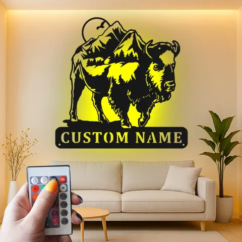 Custom Bison Mountain Led Light Metal Wall Art Personalized Rustic Gift for Nature Lovers Cabin or Lodge Decor alternate view