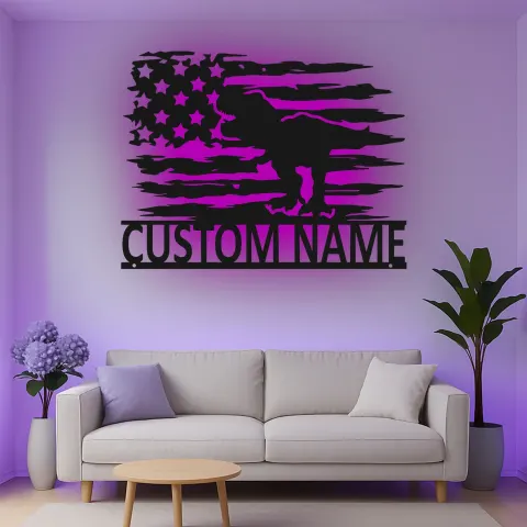 Vista alternativa de Cartel de metal LED de T-Rex con bandera americana, regalo único para amantes de los dinosaurios, decoración de habitación infantil
