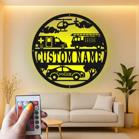 Vista alternativa de Cartel LED de Primeros Respondedores | Arte Mural de Metal Personalizado | Regalo para Policía, Bombero, EMT Héroe | Decoración para Hogar y Oficina