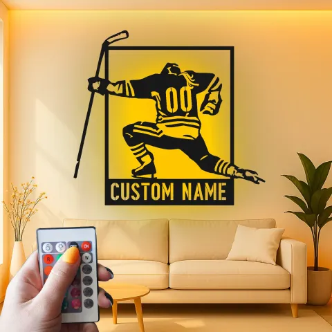 Vista alternativa de Arte metálico personalizado de jugador de hockey | Cartel LED con nombre a medida para sala de juegos | Regalo para deportista | Decoración para cueva masculina