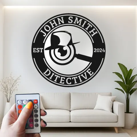 Vue alternative de Décoration murale en métal personnalisée Insigne de détective avec rétroéclairage LED Cadeau unique pour les amoureux de mystères Décor de bureau ou d'étude