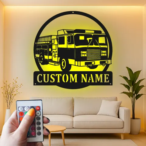 Vista alternativa di Insegna personalizzata per camion dei pompieri | Decorazione murale in metallo LED per caserma | Regalo personalizzato per vigili del fuoco