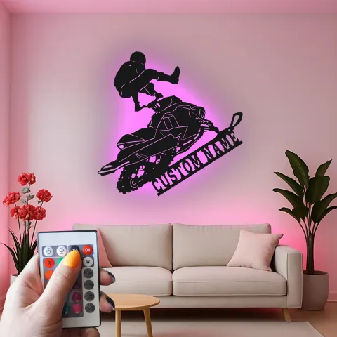 Personalized Snowmobile Metal Art | LED Extreme Sports Sign | Custom Name Wall Decor for Garage | Snowmobiler Gift alternate view