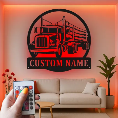 Personalisierte Metalltafel für Holztransporter | LED-Wandkunst für Lkw-Fahrer | Rustikale Dekoration für Hütte und Garage | Geschenk für Holzfäller alternative Ansicht
