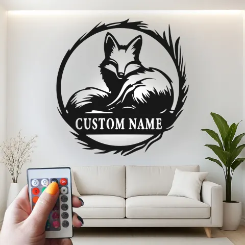 Vue alternative de Enseigne renard LED en métal sur mesure | Décoration murale faune personnalisée | Décor rustique avec prénom pour chalet ou maison | Cadeau pour amoureux de la nature