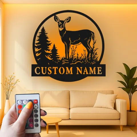 Personalisierte Hirsch-LED-Metall-Wandkunst mit Licht – Geschenk für Naturliebhaber, rustikale Hüttendeko alternative Ansicht