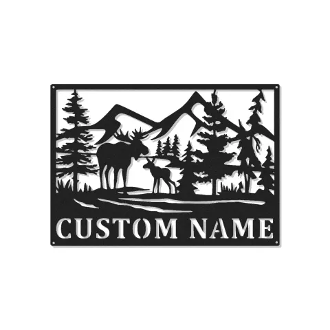 Panneau en métal personnalisé avec élan | Art mural faunique LED personnalisé | Décoration rustique de cabane et panneau de nom de lodge