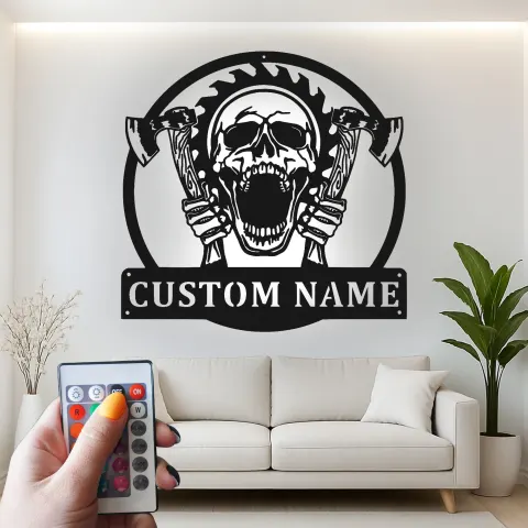 Vue alternative de Panneau LED Crâne Gothique & Haches | Décoration Murale en Métal Personnalisée pour Man Cave | Cadeau Décor d'Horreur Personnalisé pour Lui