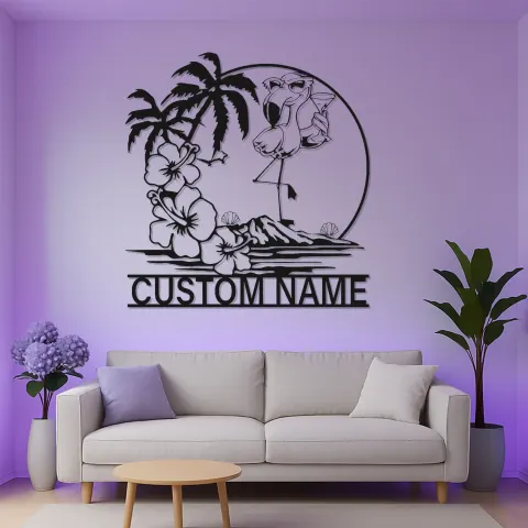 Personalisierte Flamingo LED Metalltafel | Tropische Wandkunst | Dekoration für Strandhaus und Poolbar | Leuchtendes Namensschild alternative Ansicht