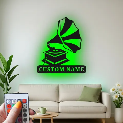 Vista alternativa de Arte mural de metal LED de gramófono | Regalo personalizado para amante de la música | Cartel de nombre personalizado para decoración retro de hogar y estudio