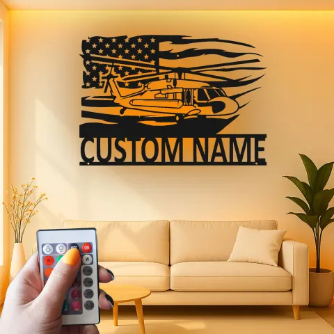 Black Hawk Helicopter LED Metal Wall Art | Personalized Pilot Gift | Custom Name Sign | Patriotic American Flag Wall Decor alternate view
