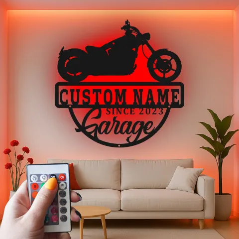 Custom LED Motorcycle Sign | Metal Garage Wall Art | Personalized Biker Decor | Light Up Man Cave Gift alternate view