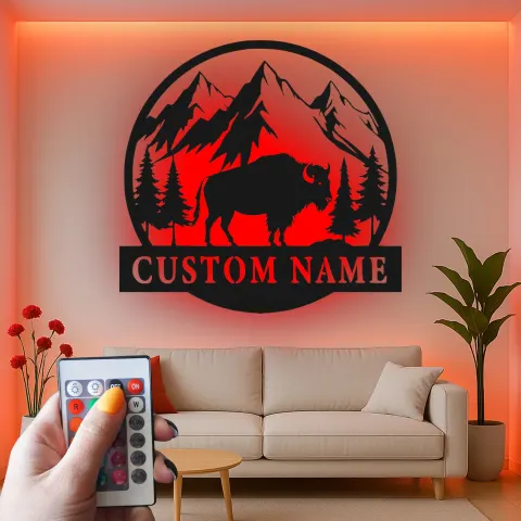 Custom Bison Mountain Led Light Metal Wall Art Personalized Nature Lover Gift Rustic Cabin Decor alternate view