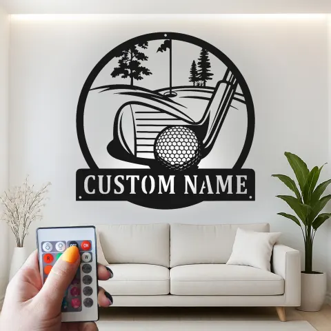 Vista alternativa di Insegna da golf personalizzata con luci LED | Decorazione murale in metallo su misura | Arredo con nome del golfista per sala giochi e home bar