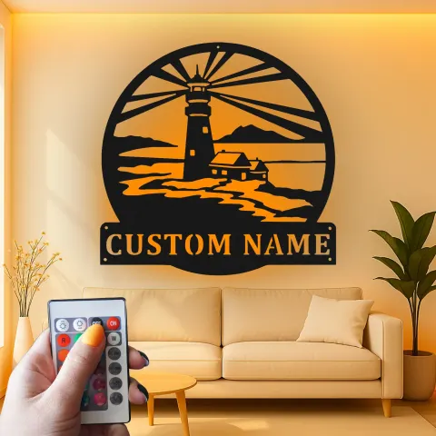 Vue alternative de Panneau en métal personnalisé de phare | Art mural côtier rétro éclairé | Décor de maison de plage personnalisé | Cadeau nautique pour cabane