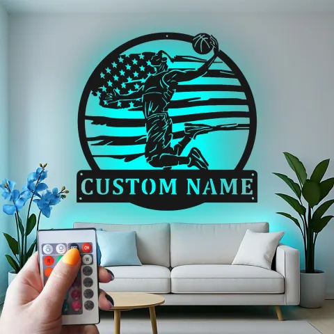 Vue alternative de Décoration murale en métal personnalisée pour joueur de basketball avec rétroéclairage LED - Cadeau pour fans de sport
