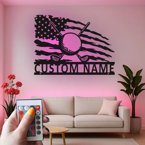 Vista alternativa di Insegna da golf personalizzata con LED | Insegna in metallo personalizzata per man cave | Regalo patriottico per golfista | Decorazione sportiva con bandiera americana
