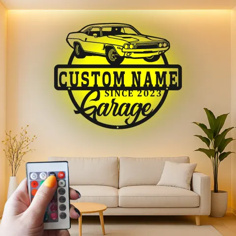 Vue alternative de Panneau de garage Muscle Car personnalisé | Décoration murale en métal LED personnalisée | Décor d'atelier et cadeau pour passionné de voitures