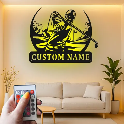 Vista alternativa de Cartel de metal personalizado para golfista con LED | Arte mural de golf personalizado | Decoración de man cave y regalo único para amantes del golf