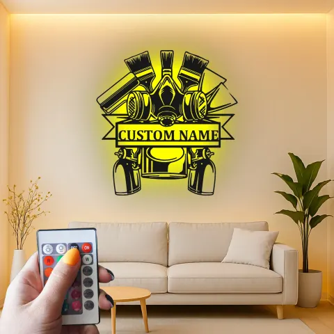 Vista alternativa di Insegna LED personalizzata per carrozziere | Arte da parete in metallo per garage | Regalo personalizzato per meccanico | Decorazione con pistola a spruzzo e maschera antigas