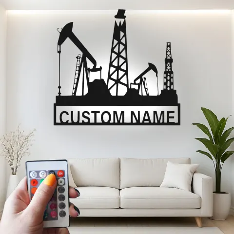 Oil Rig LED Metal Wall Art | Custom Oilfield Name Sign for Office | Industrial Drilling Decor Gift for Engineer alternate view