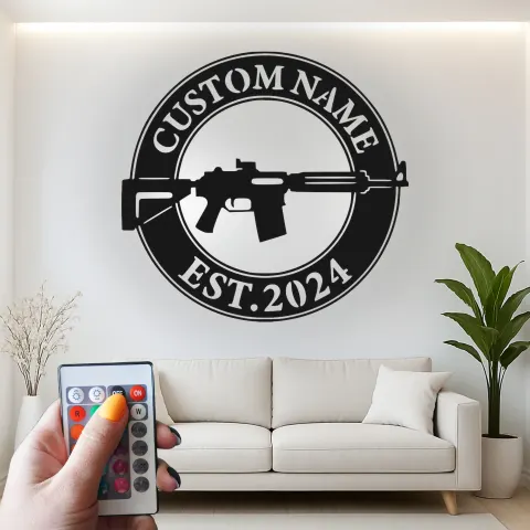 Custom Rifle LED Metal Sign | Personalized Gun Owner Wall Art | Man Cave & Gun Room Decor | Hunter Gift alternate view