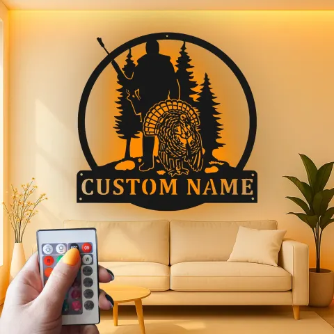 Vue alternative de Décoration murale en métal personnalisée pour chasseurs et dindons avec éclairage LED