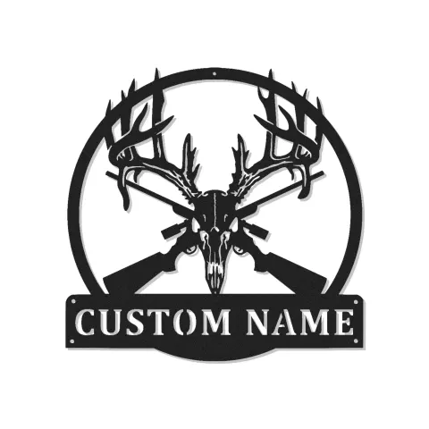 Personalisierte LED-Metallschild mit Hirschgeweih | Überkreuzte Gewehre für die Jagdhütte | Individuelle Jagd-Wandkunst | Geschenk für den Mann