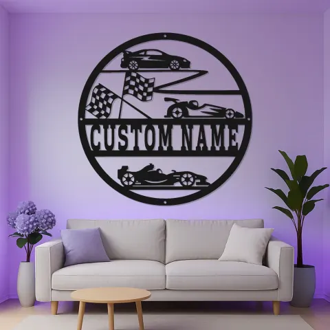 Vista alternativa de Cartel de Metal Personalizado de Coche de Carreras | Arte Mural LED con Nombre Personalizado para Garaje | Decoración de Fórmula 1 y Coches Deportivos | Regalo para Piloto