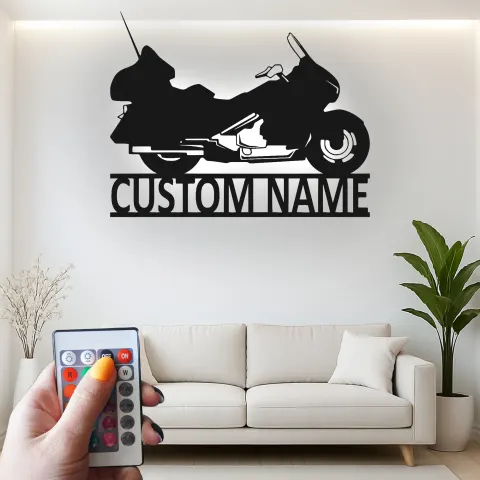 Personalized Motorcycle Metal Wall Art | Custom Biker Name Sign with LED | Touring Bike Garage Decor for Rider alternate view