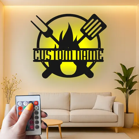 Vista alternativa di Insegna in metallo personalizzata con BBQ Grill e luce LED regalo personalizzato per maestro della griglia decorazione per patio all'aperto