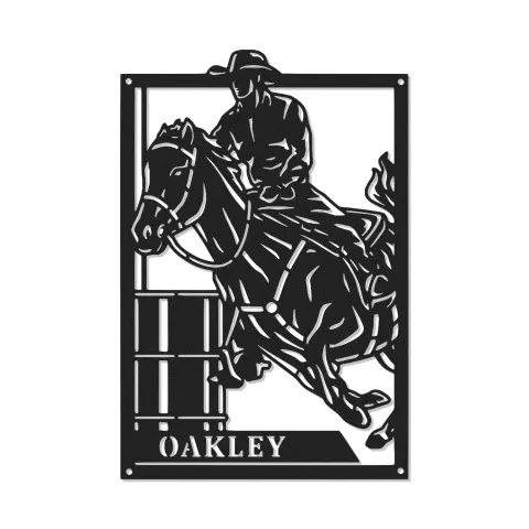 Cartel de metal LED personalizado de jinete de barriles, regalo ecuestre para amantes de los caballos, decoración western para el salón