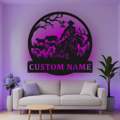 Vista alternativa di Insegna in metallo personalizzata con ranch cowboy retroilluminata, regalo western per lui, decorazione rustica per la casa
