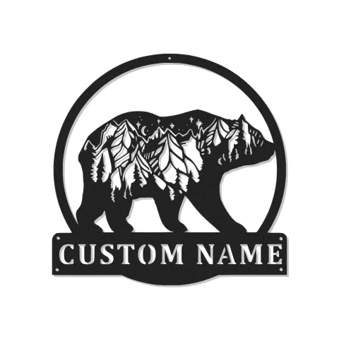 Custom Bear and Mountain Scene Led Light Metal Wall Art Personalized Nature Lover Gift Cabin Decor