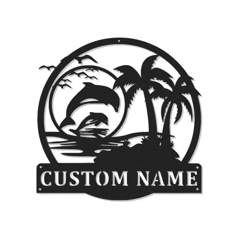 Custom Dolphin and Palm Tree Led Light Metal Wall Art Beach Lover Gift Tropical Decor for Living Room