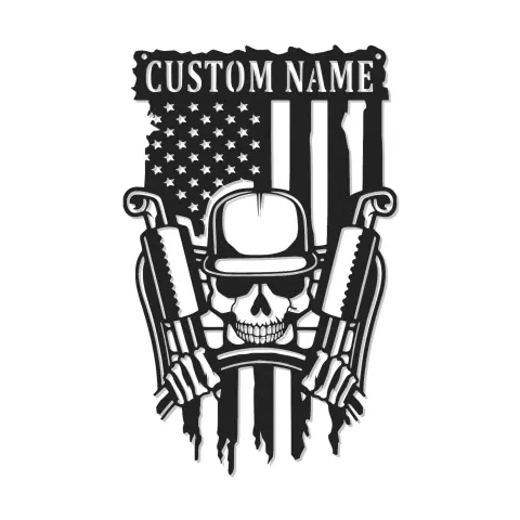 Insegna Metallica LED Personalizzata con Teschio e Armi | Arte Murale Patriottica con Bandiera Americana | Regalo Personalizzato per Veterani Militari per Man Cave o Garage
