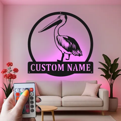 Custom Brown Pelican LED Metal Sign | Coastal Wall Art Decor | Beach House Lighted Nameplate | Personalized Nautical Gift alternate view
