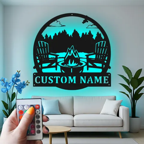 Custom Campfire Scene Led Light Metal Wall Art Personalized Outdoor Gift Patio or Cabin Decor alternate view