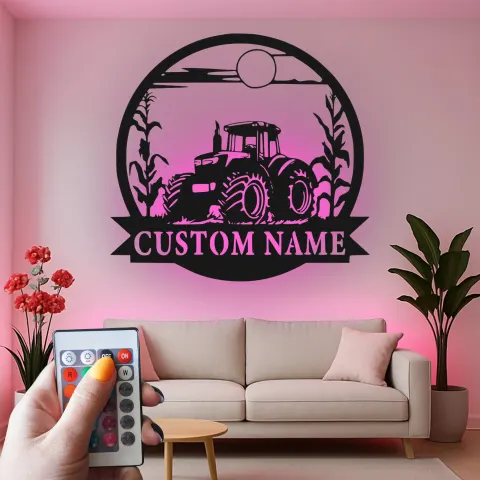 Vue alternative de Décoration murale en métal personnalisée avec rétroéclairage LED de tracteur - Cadeau pour agriculteur - Décor rustique pour maison de ferme