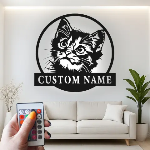 Vista alternativa de Cartel de metal LED de gato personalizado, regalo para amantes de los gatos, decoración para dormitorio o salón