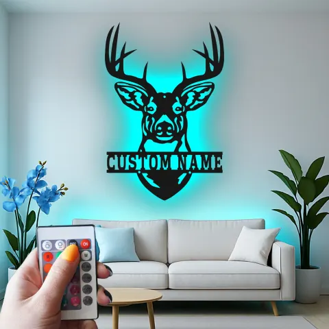 Vue alternative de Décoration murale en métal personnalisée avec tête de cerf, rétroéclairage LED, cadeau pour chasseurs, décoration de lodge rustique