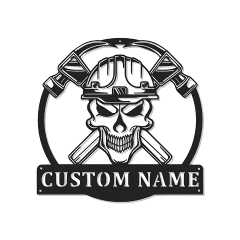 Insegna in metallo LED Skull Firefighter | Arte murale personalizzata per pompiere | Decorazione per stazione dei pompieri e man cave