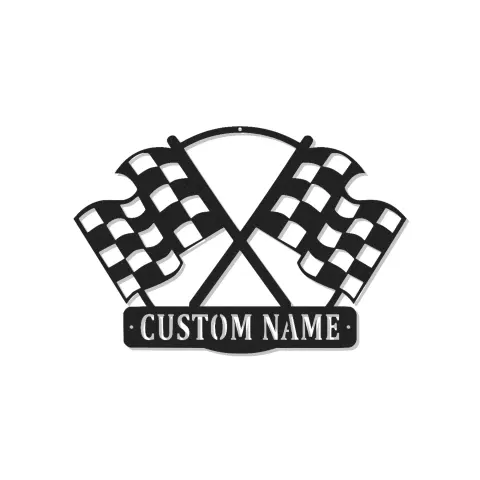 Décoration murale en métal LED personnalisée avec drapeaux de course - Cadeau pour les passionnés de voitures - Décor de garage ou de man cave 1