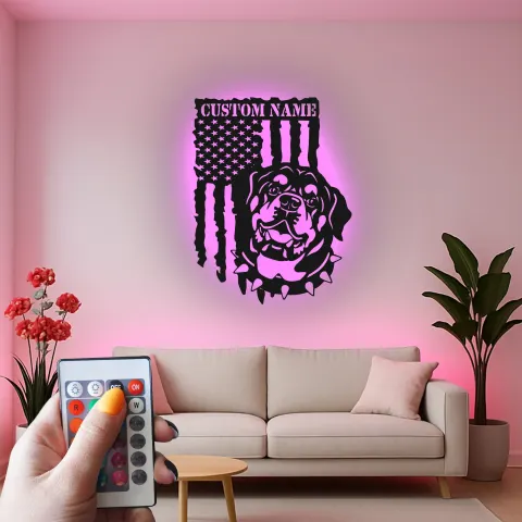 Rottweiler Metall-Wandkunst | Personalisierte LED-Namensschild | Patriotische amerikanische Flaggen-Dekoration | Individuelles Geschenk für Hundeliebhaber alternative Ansicht